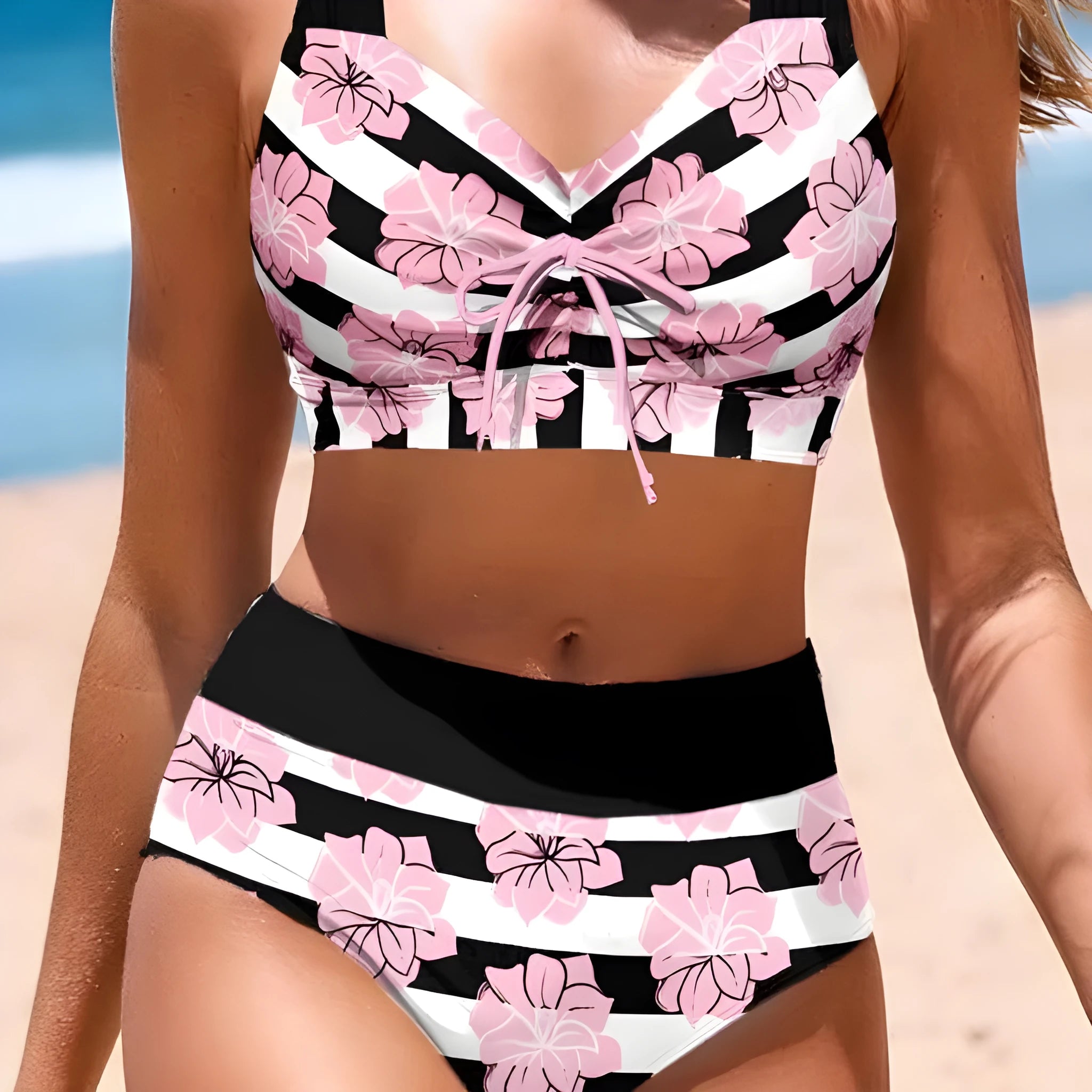Black printed women's two-piece bikini with tummy control and split design