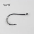 Bulk pack of barbed alloy carbon steel sea fishing hooks with a crooked mouth and hole ring design.
