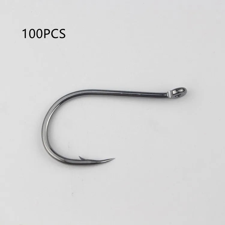 Bulk pack of barbed alloy carbon steel sea fishing hooks with a crooked mouth and hole ring design.