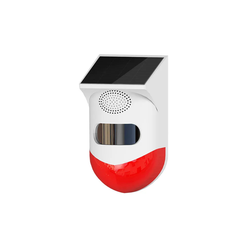 Solar panel human body infrared sensing security alarm with remote control on a wall.