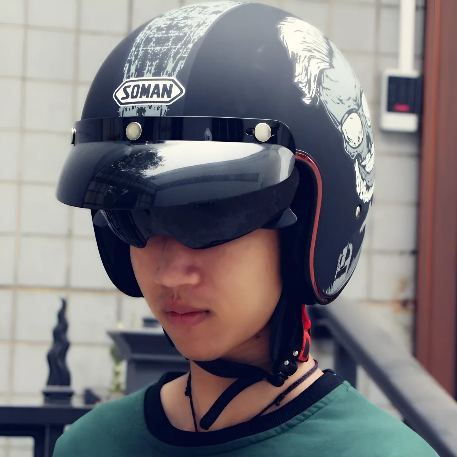 Retro-style half helmet for riding, shown in a selection of colours including black, grey, white, and orange on a neutral background.