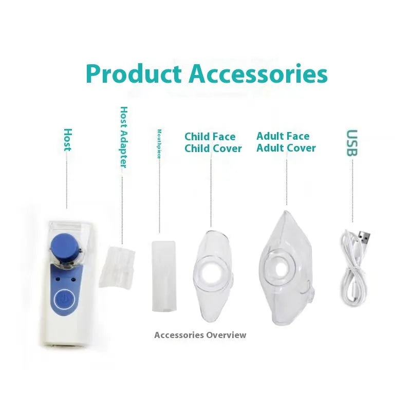White columnar plastic USB handheld nebuliser spray machine with water tank on a table.