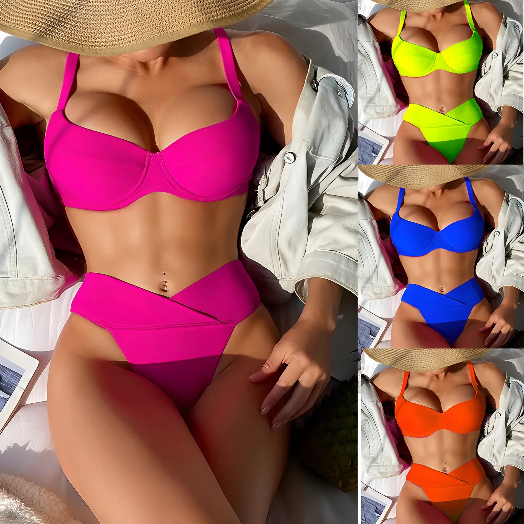 Solid colour bikini swimsuit on a mannequin, showing the sleeveless bra and briefs in a fluorescent hue.