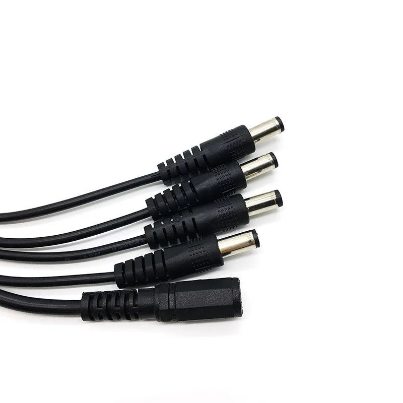 Black 12V monitoring power cord with DC one-in-four interface and 5.5mm connectors for CCTV cameras