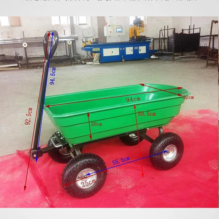 Green four-wheel plastic dumptruck with steel frame and 350kg load capacity