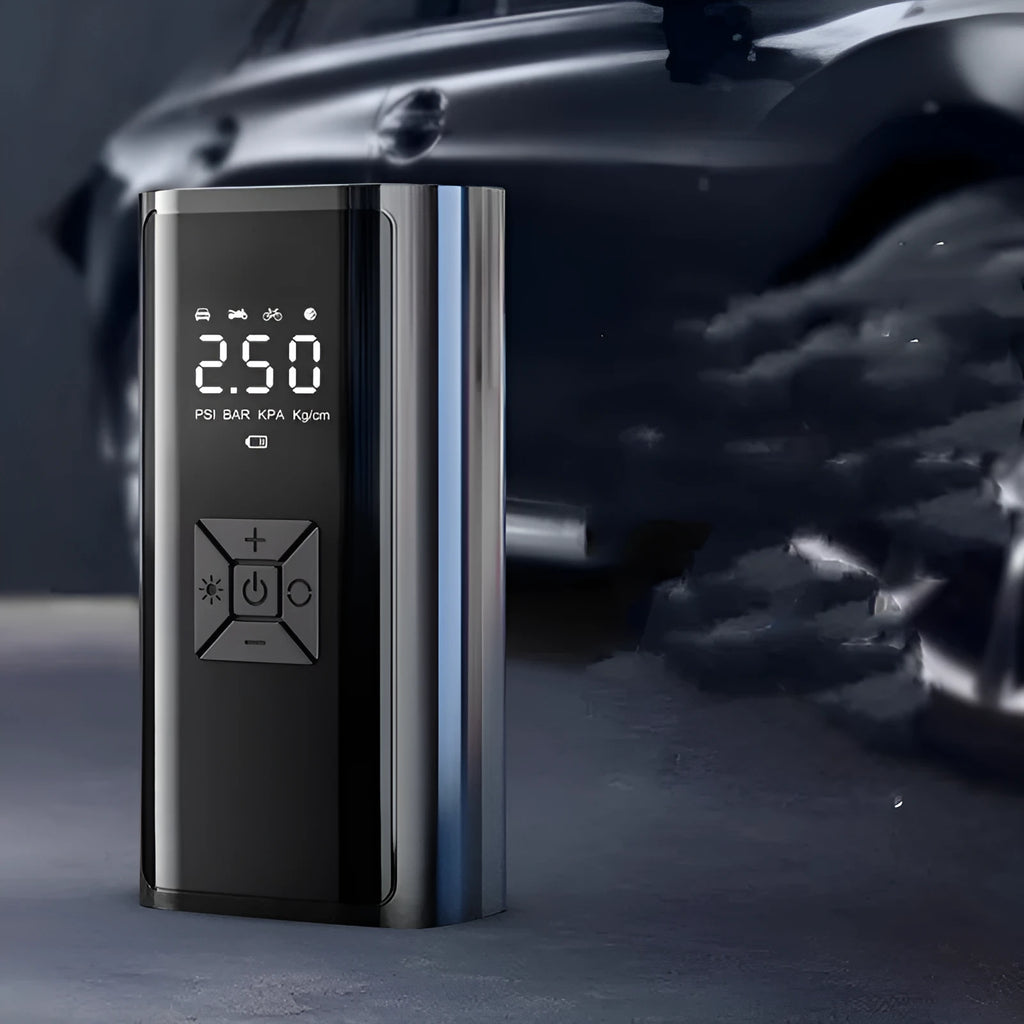 Digital display car tyre pump with LED light and USB port for wireless inflation
