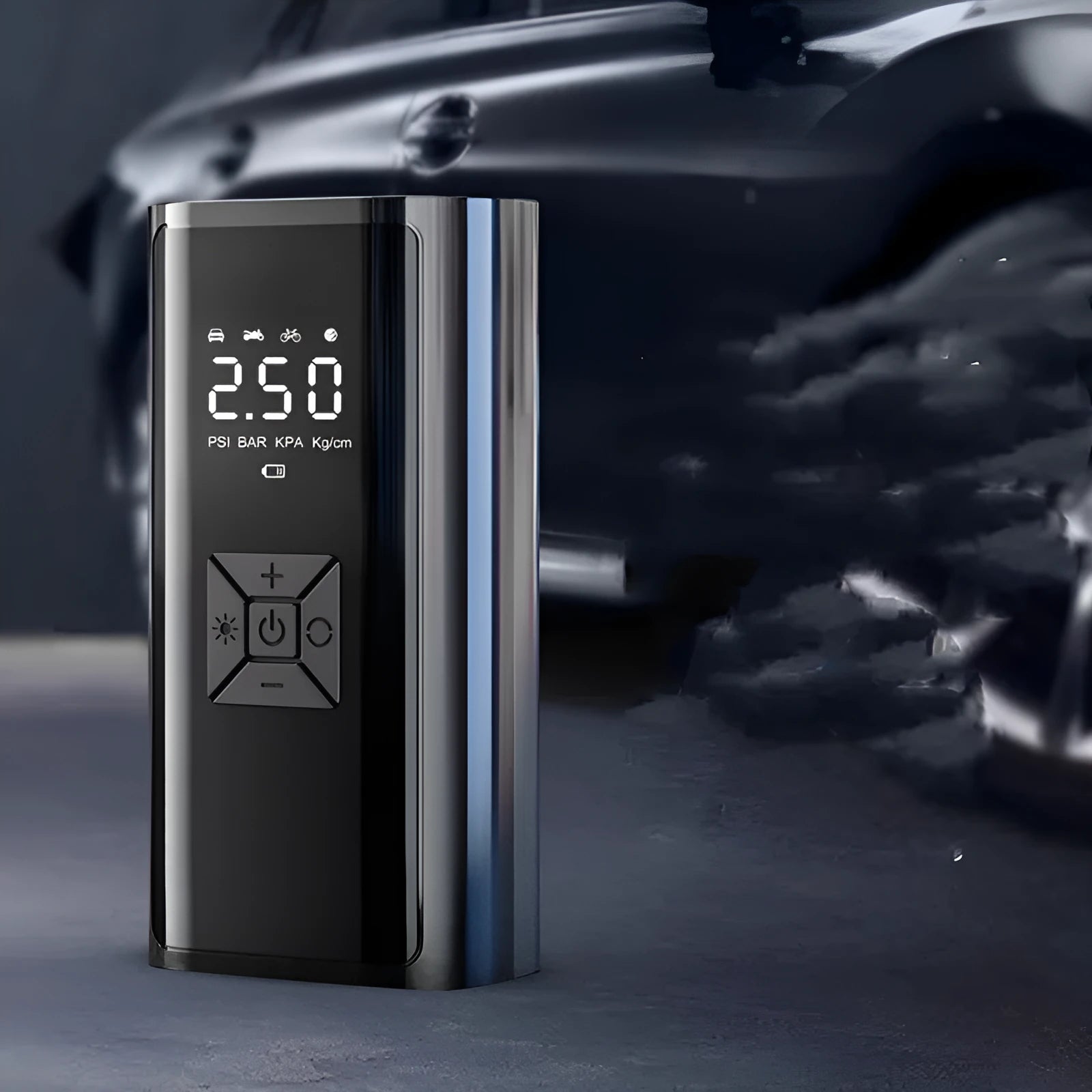 Digital display car tyre pump with LED light and USB port for wireless inflation