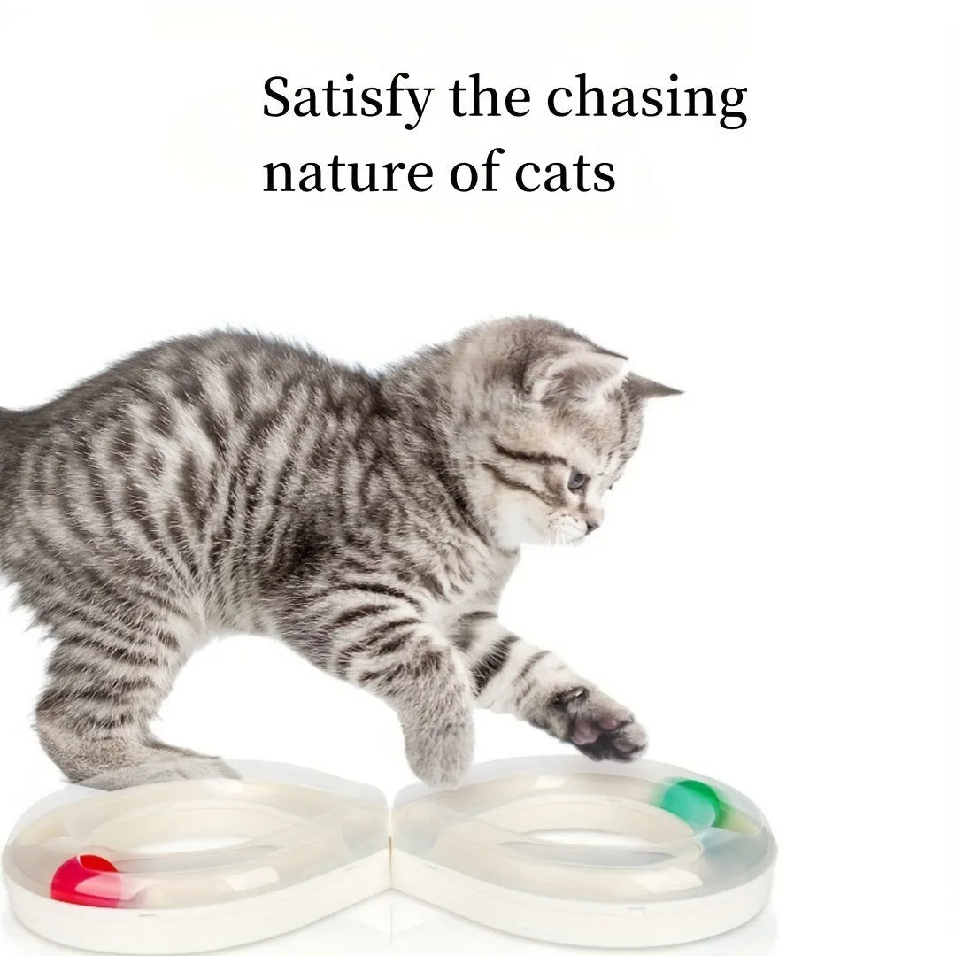 Blue and white plastic cat toy set with turntable track, tease sticks, and balls on a 50cm base