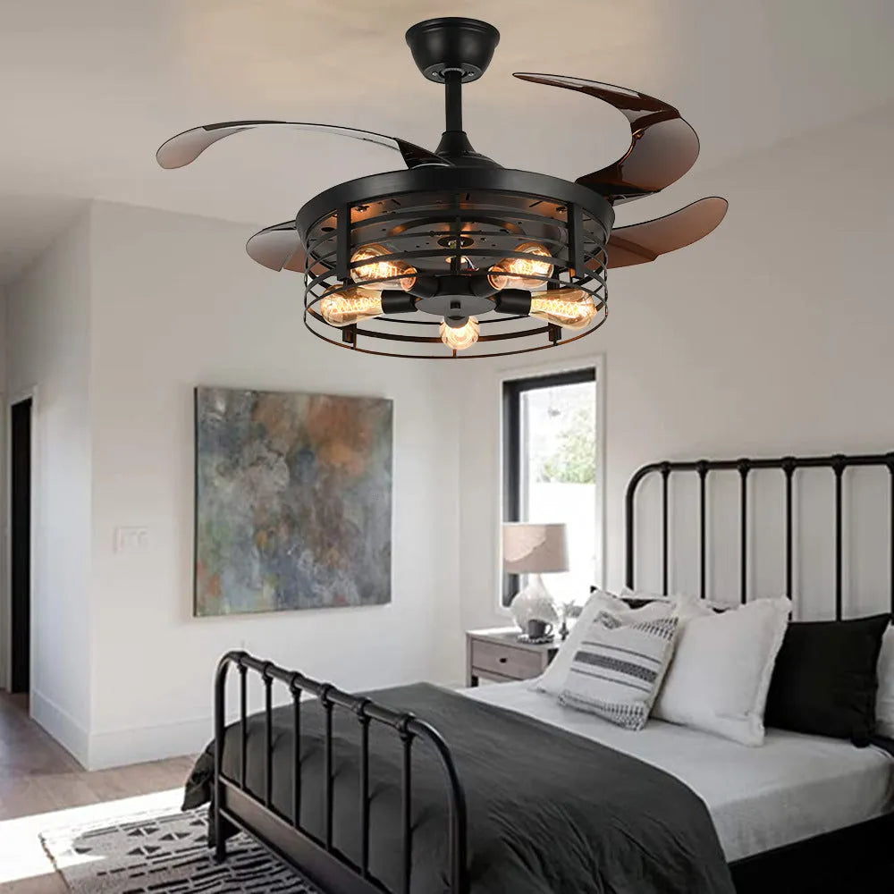 42-inch American retro ceiling fan lamp with remote control and invisible blade design