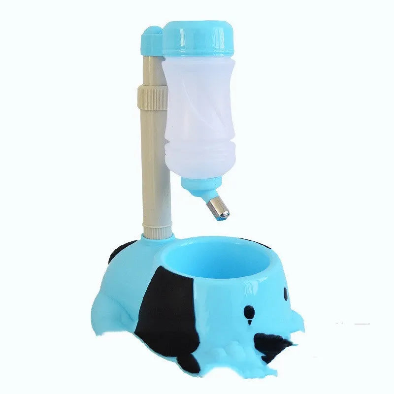 Adjustable plastic pet drinking bowl with rod lifting mechanism in pink, blue or yellow colours