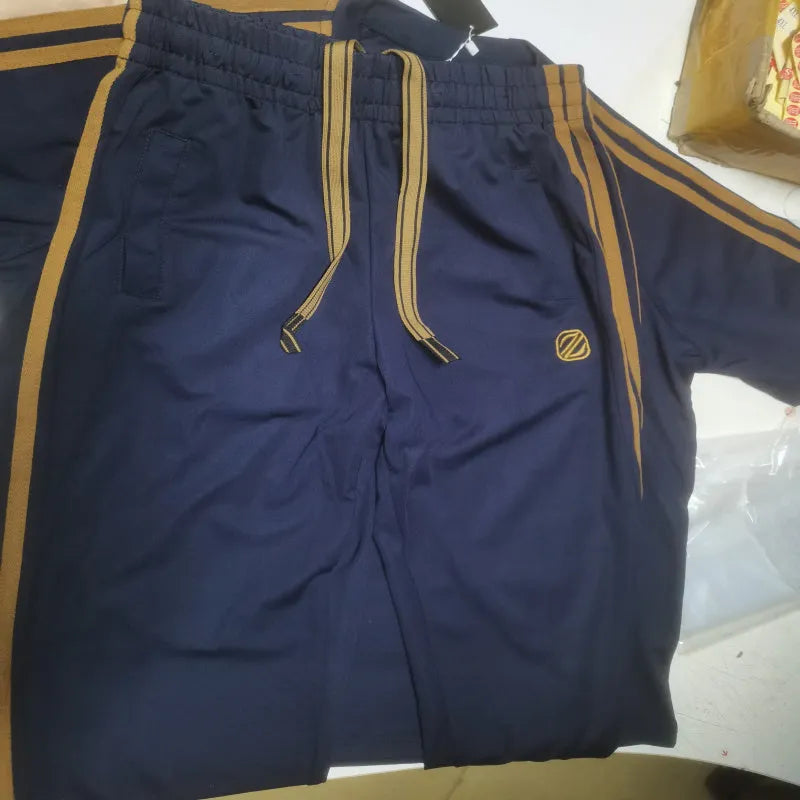 Men's blue short sleeve sports suit set with trousers, made from ironing-free Ice Silk polyester fabric.
