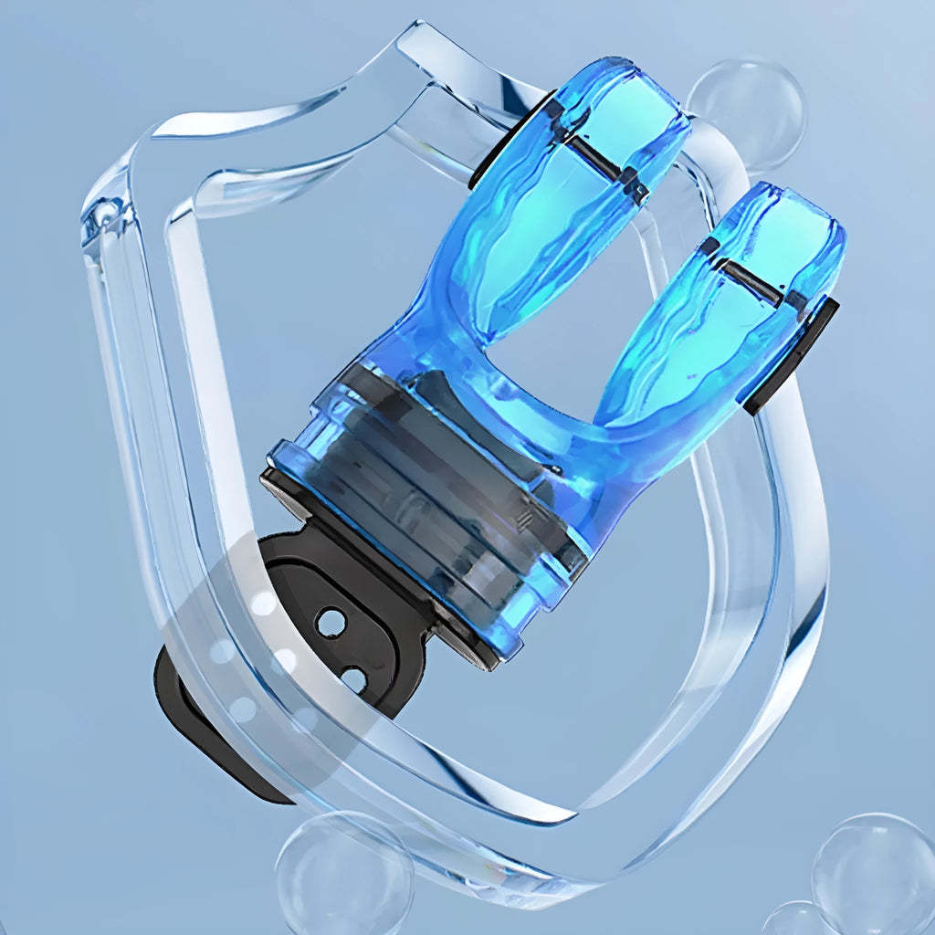 A plastic free edible silicone diving mouthpiece in various colours including black, blue, and pink, showing the 110mm length and bite piece.