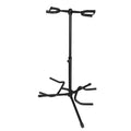 Black vertical guitar stand with double heads and adjustable support arms for acoustic and electric instruments