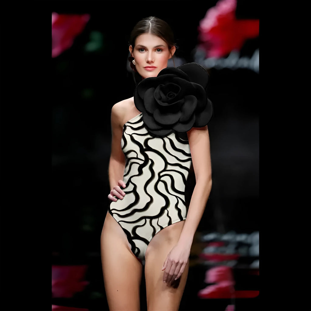 Women's one-piece swimsuit with 3D flower pattern in US sizes S, M, L, XL.