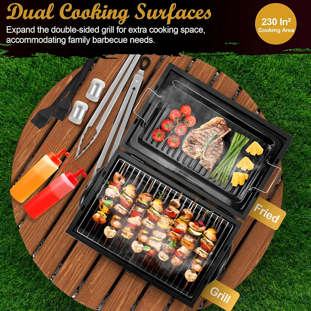 Small folding desktop charcoal barbecue smoking device with grill for portable cooking