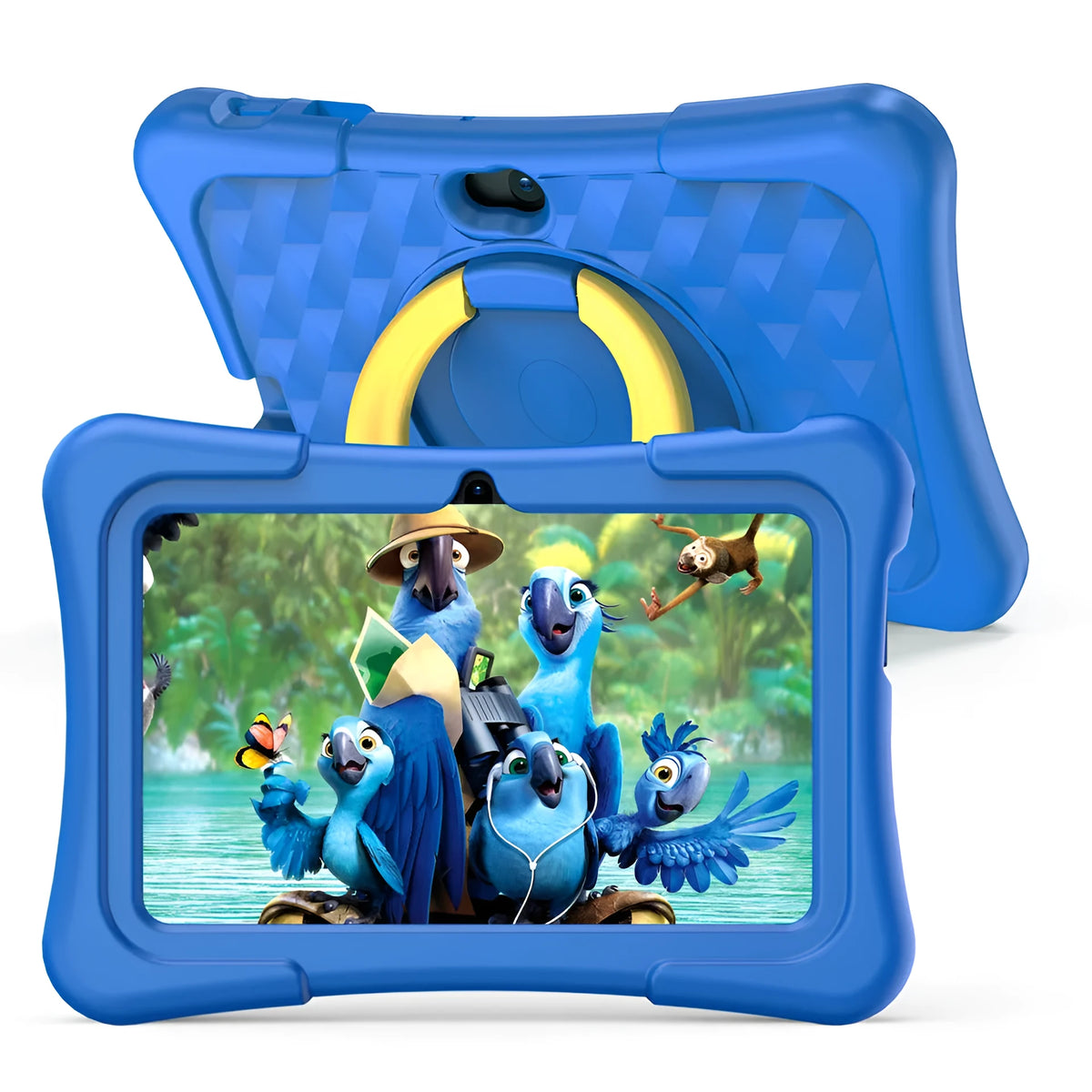 Blue 7-inch children's tablet with silicone protective cover and rotating handle bracket