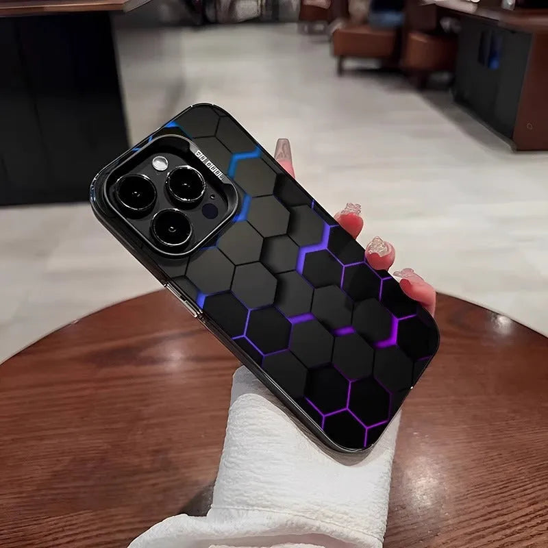 Frosted protective iPhone case with honeycomb square pattern in contrasting colour on black background