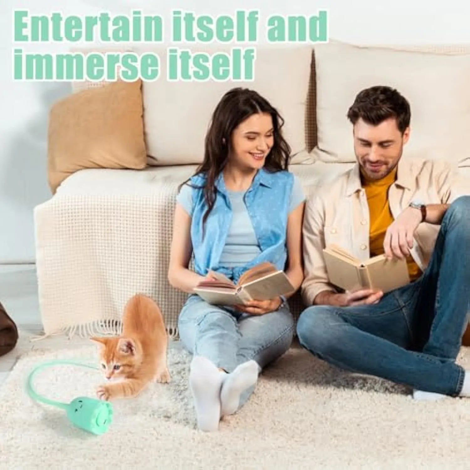 Green automatic cat wand toy with a swinging silicone tail on a white background.