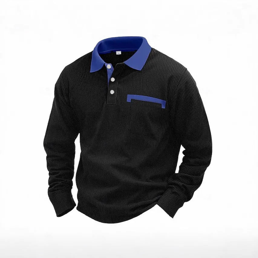 Men's loose fit long-sleeved waffle knit polo shirt in asymmetric American retro style