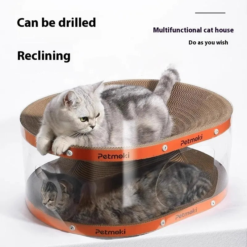 Transparent white cat scratch board with integrated nest tunnel measuring 58cm long