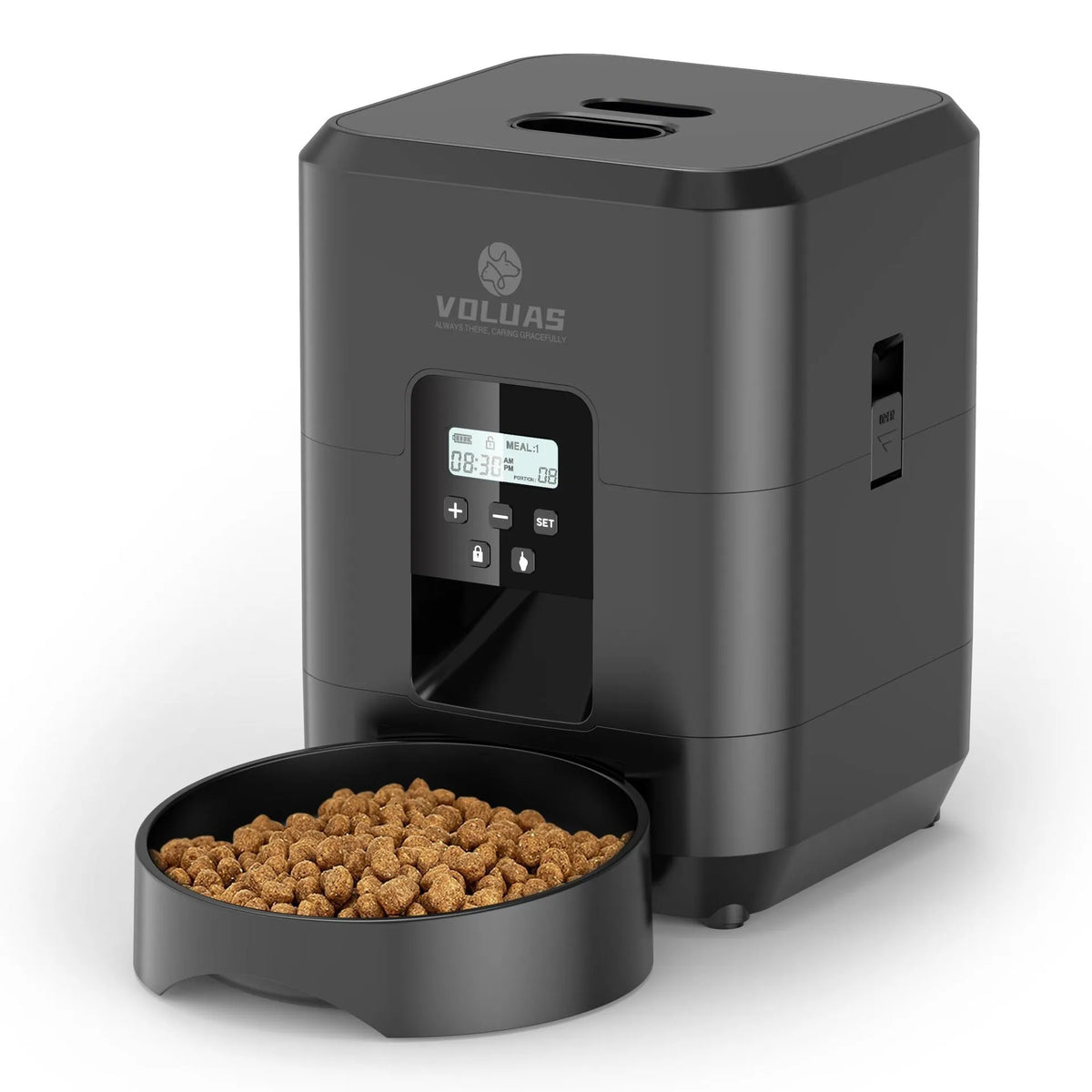 Automatic cat feeder with programmable timing and portion control in white or black