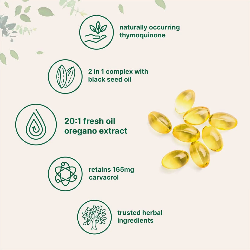 Butter black seed oil soft capsules in bottle packaging showing 180 or 300 tablet options