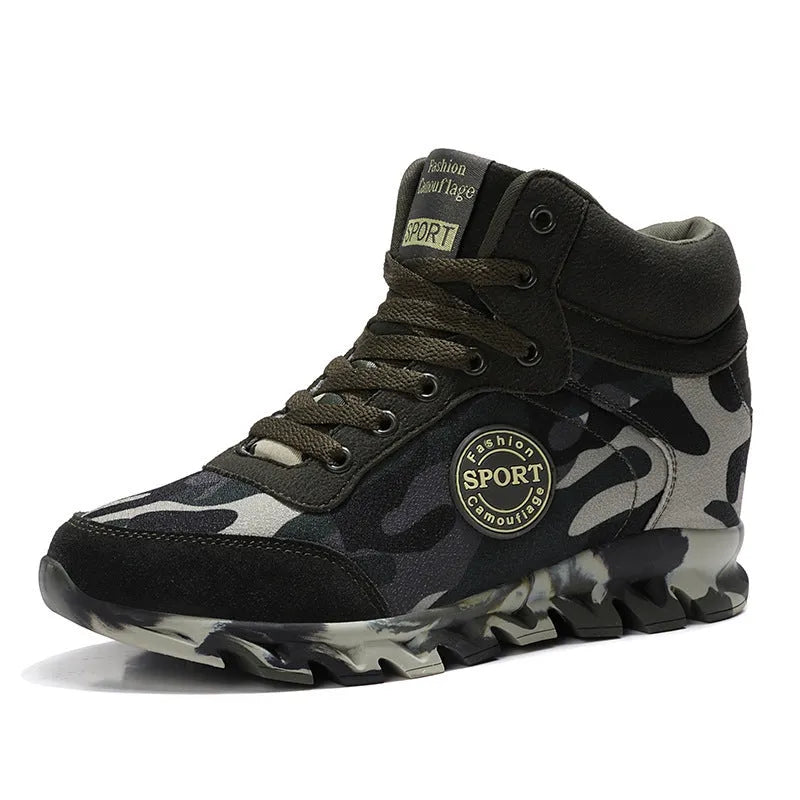 Green camouflage canvas women's sneakers with a rubber outsole on a white background.