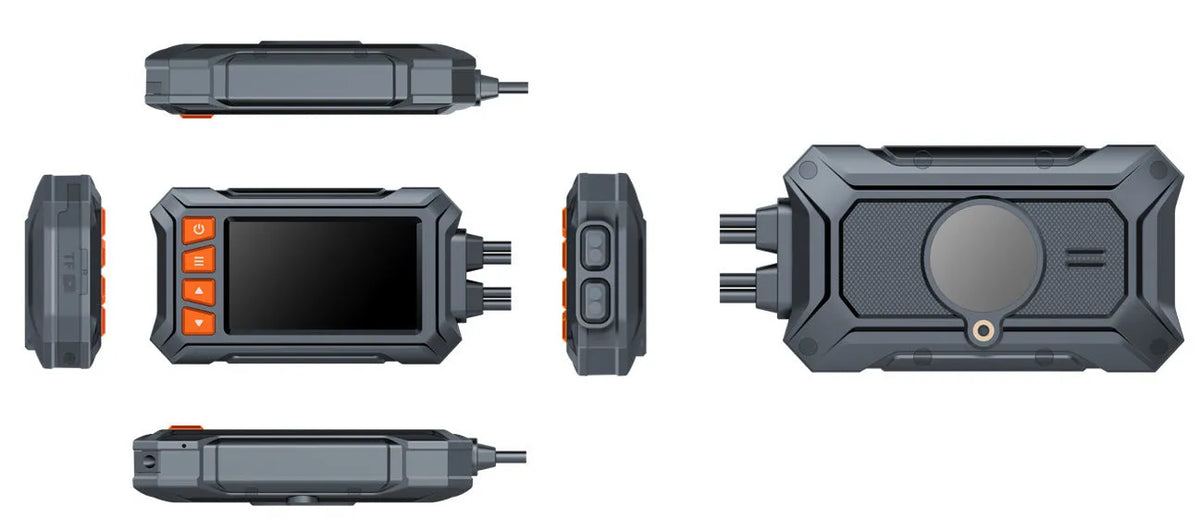Motorcycle dual lens tachograph recorder with 3 inch screen, GPS module, and waterproof housing.