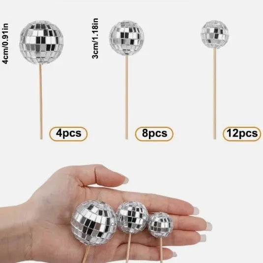 Glass disco ball cake decoration on wooden stick in multiple sizes for birthday cakes