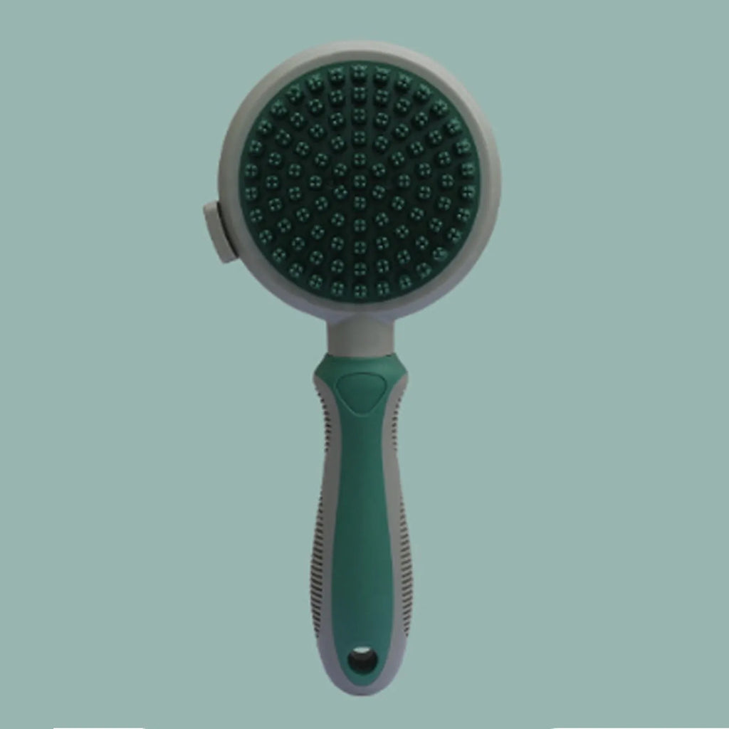 Double-sided cat grooming brush with slicker brush and flea comb in green and pink colours