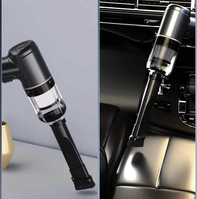 Black wireless handheld car vacuum cleaner with multiple nozzles on a black background