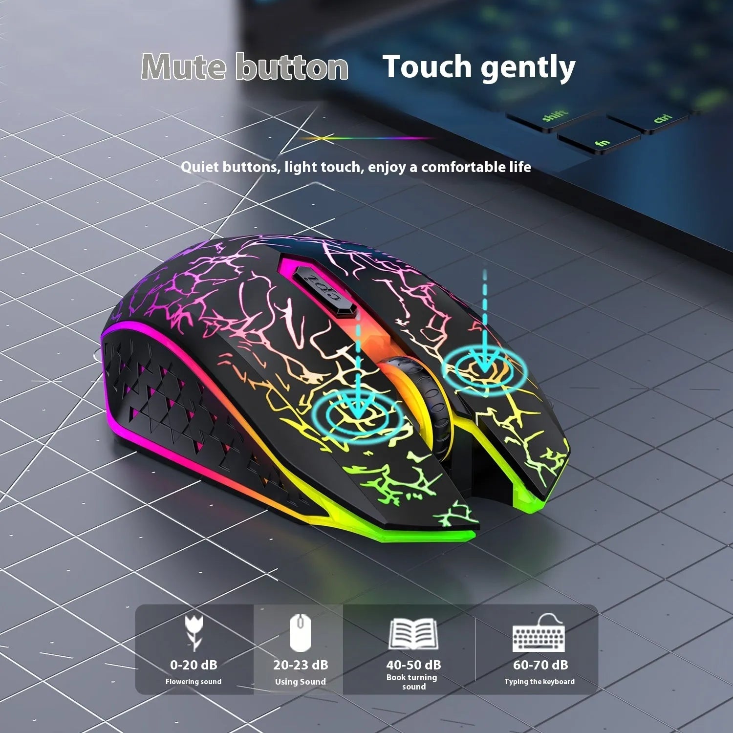 Black and white wireless gaming mouse with breathing lights and USB charging cable on desktop