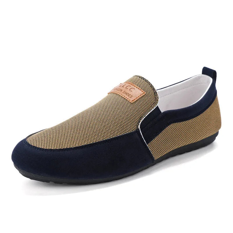Men's grey and khaki canvas board shoes with rubber soles and round toe design