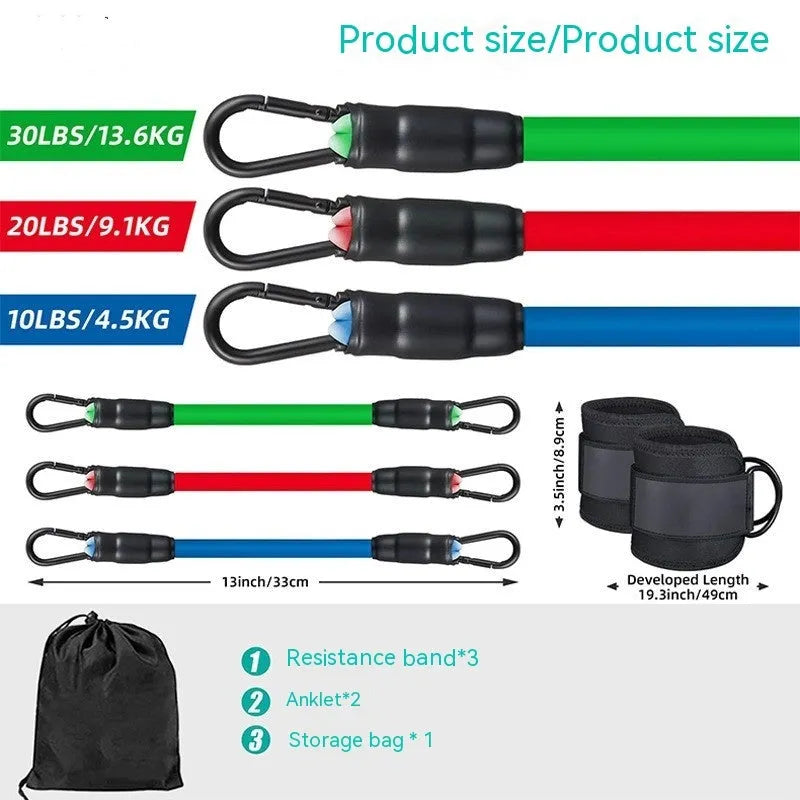 Yoga resistance band set with three tension levels and foot loops for hip and leg exercises