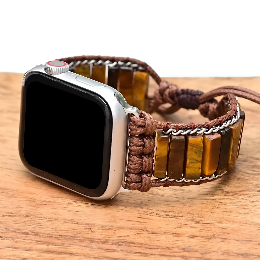 Men's adjustable textile watch strap with rectangular tiger eye stone chain detail, shown fitting a watch.