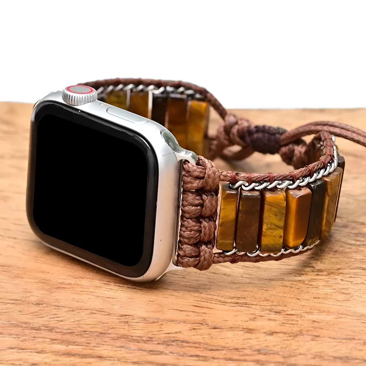 Men's adjustable textile watch strap with rectangular tiger eye stone chain detail, shown fitting a watch.