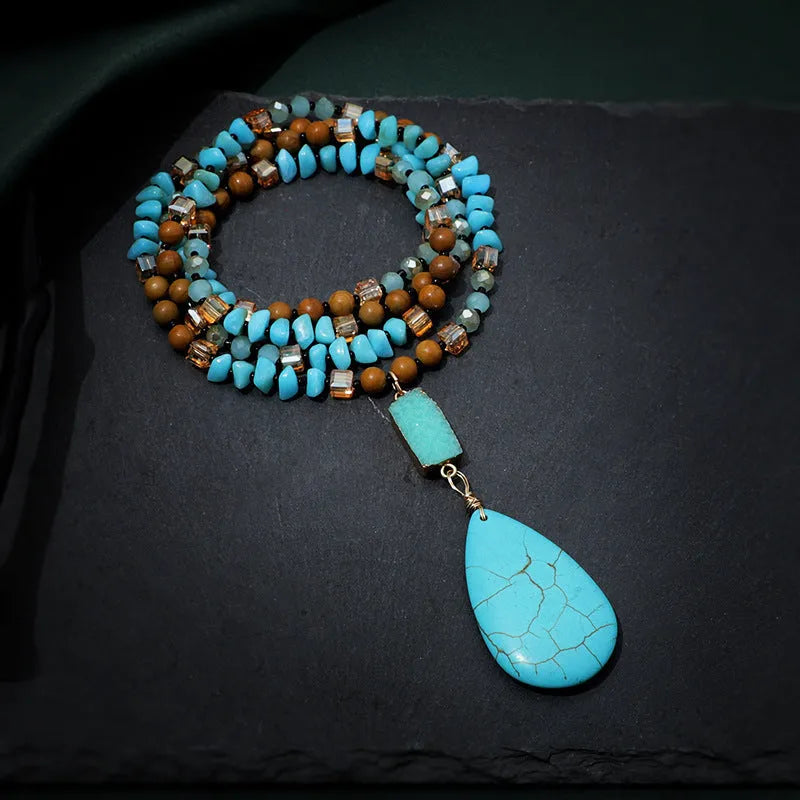 Women's turquoise imitation mineral pendant necklace with large water drop design on ball bead chain