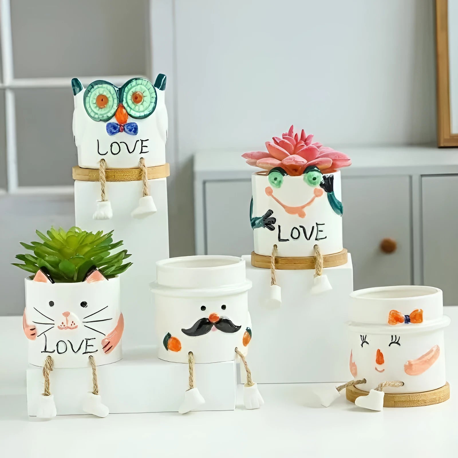 Ceramic hanging foot flowerpot for succulent plants in cartoon style with multiple colour options