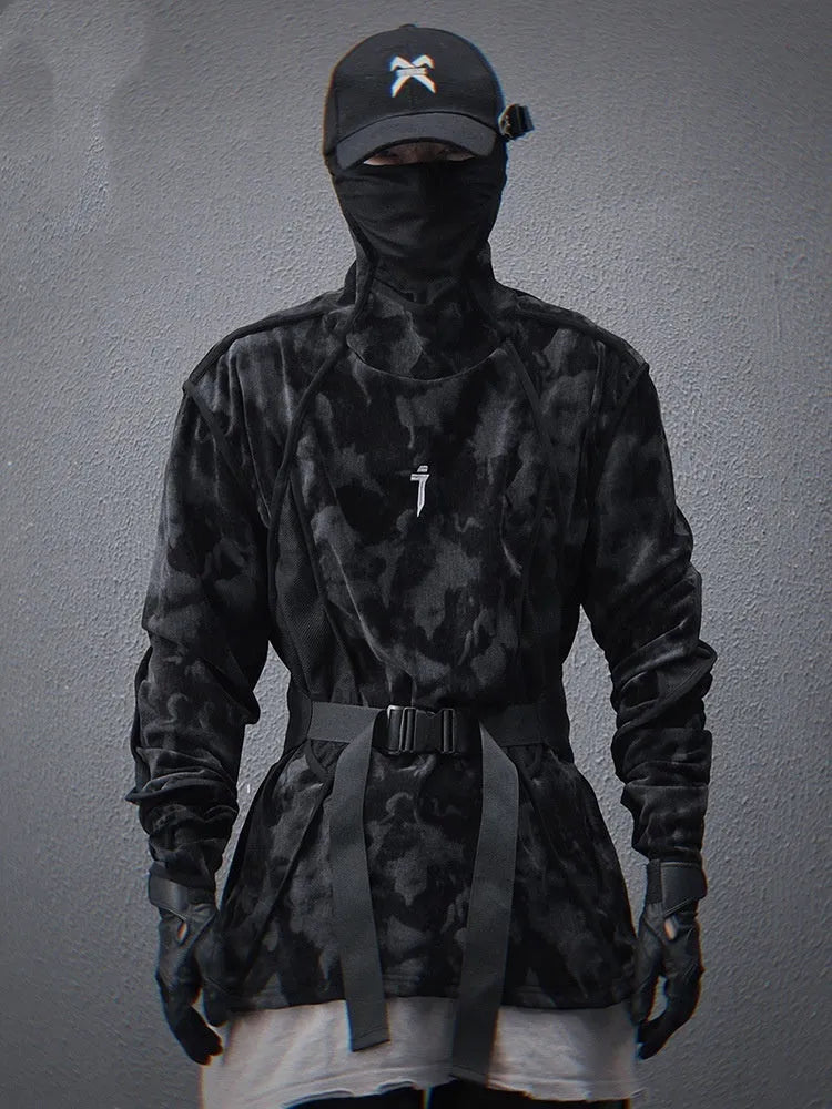 Men's black and gray tie dye full printed turtleneck sweater with loose drop-shoulder long sleeves