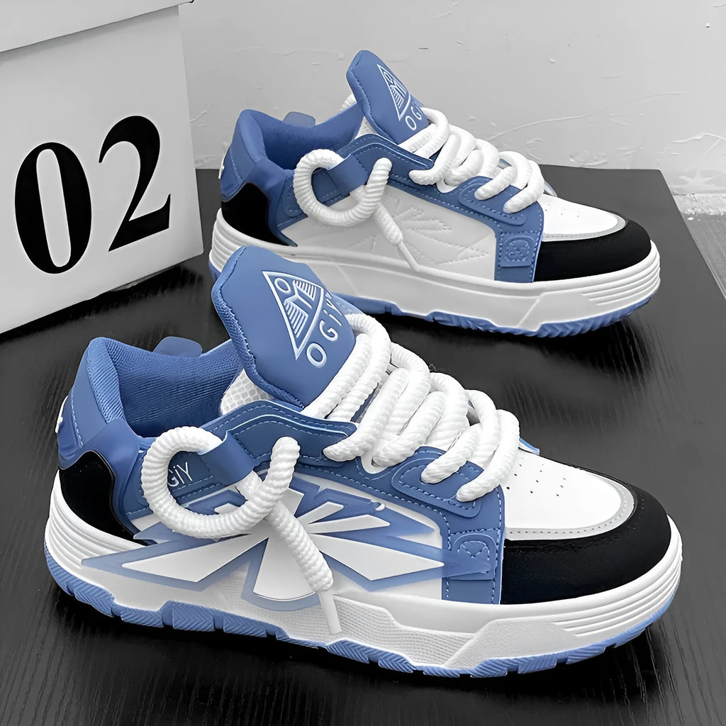 Men's white chunky sneakers with cartoon pattern, thick rubber sole, and synthetic leather upper