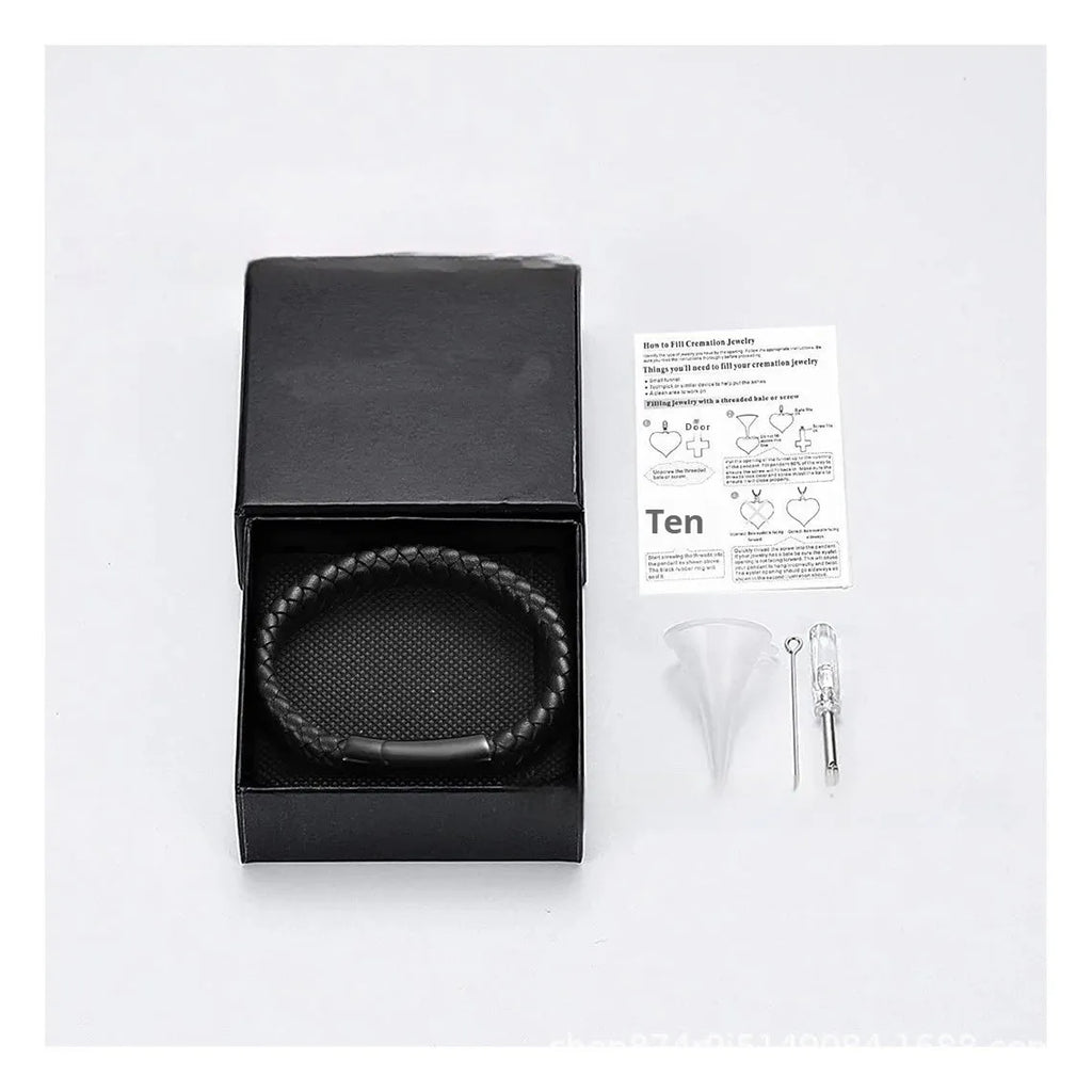 Black leather and stainless steel woven casket bracelet with engraved English letters