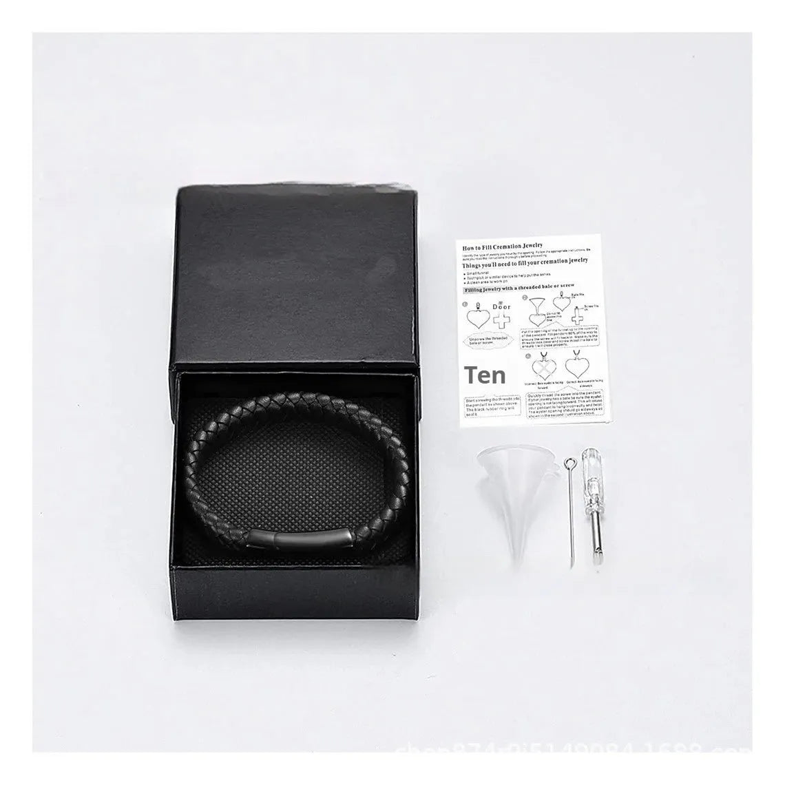 Black leather and stainless steel woven casket bracelet with engraved English letters