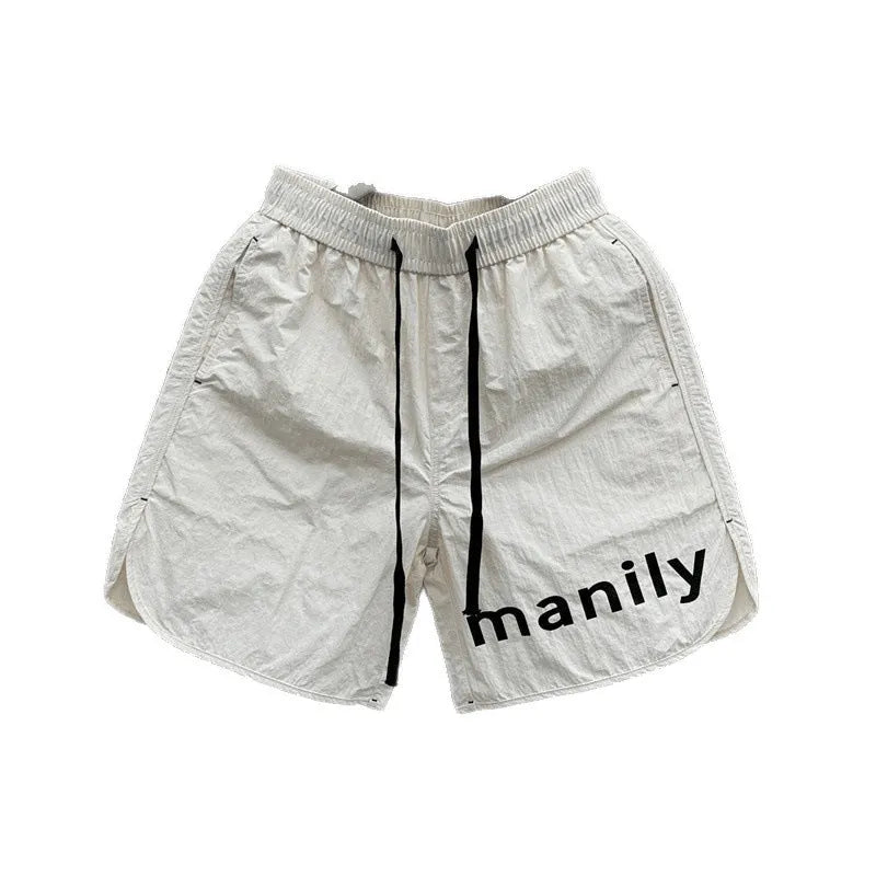 Men's lightweight polyester casual summer shorts in black or apricot with medium elastic waist, sizes M to 3XL