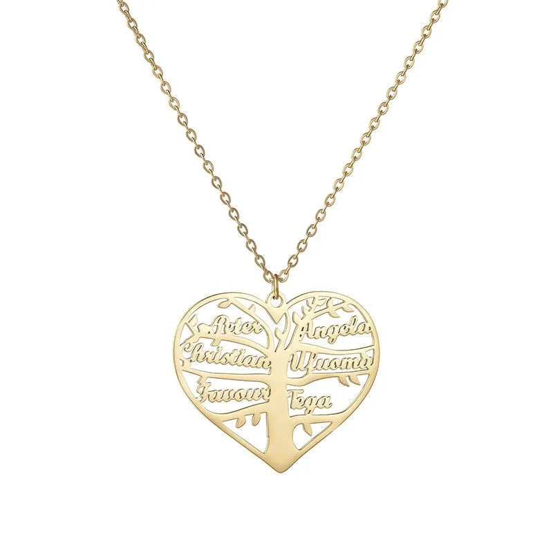 Personalised stainless steel name necklace with hollow heart and tree design pendant on an adjustable chain.