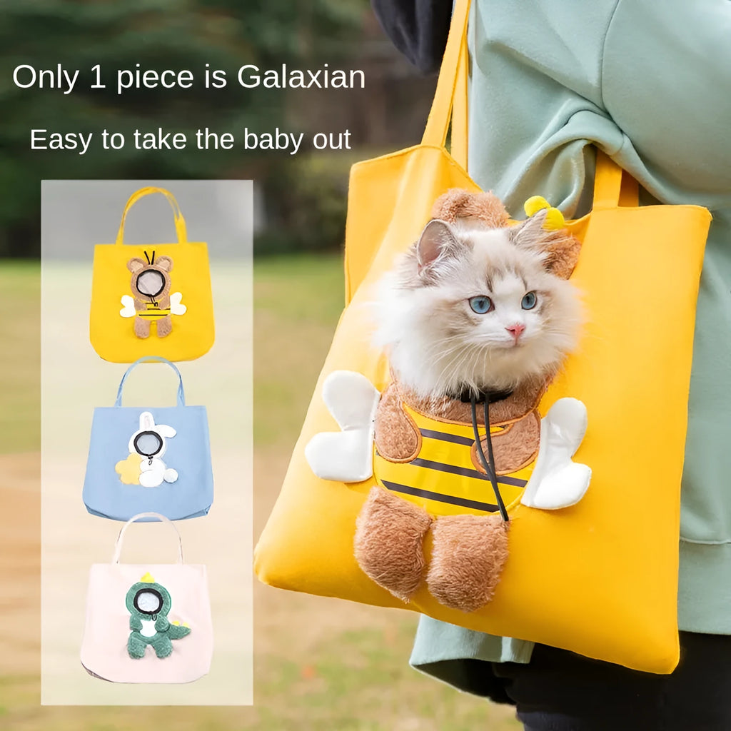 Canvas pet carrier bag with safety zippers, adjustable side opening, and 3D animal pattern in blue, grey, or yellow.