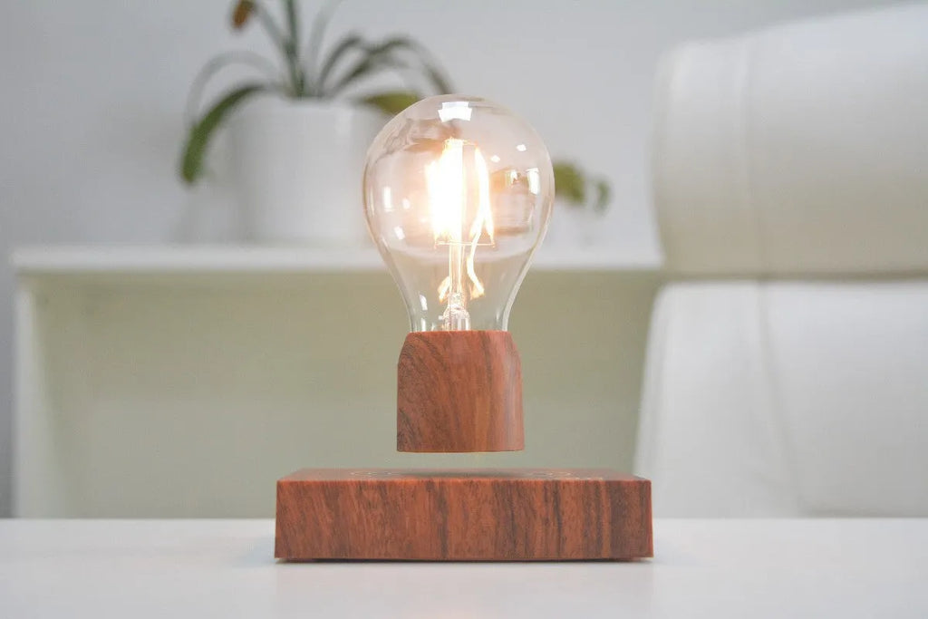 Magnetic levitation floating bulb with imitation wood base and glass enclosure