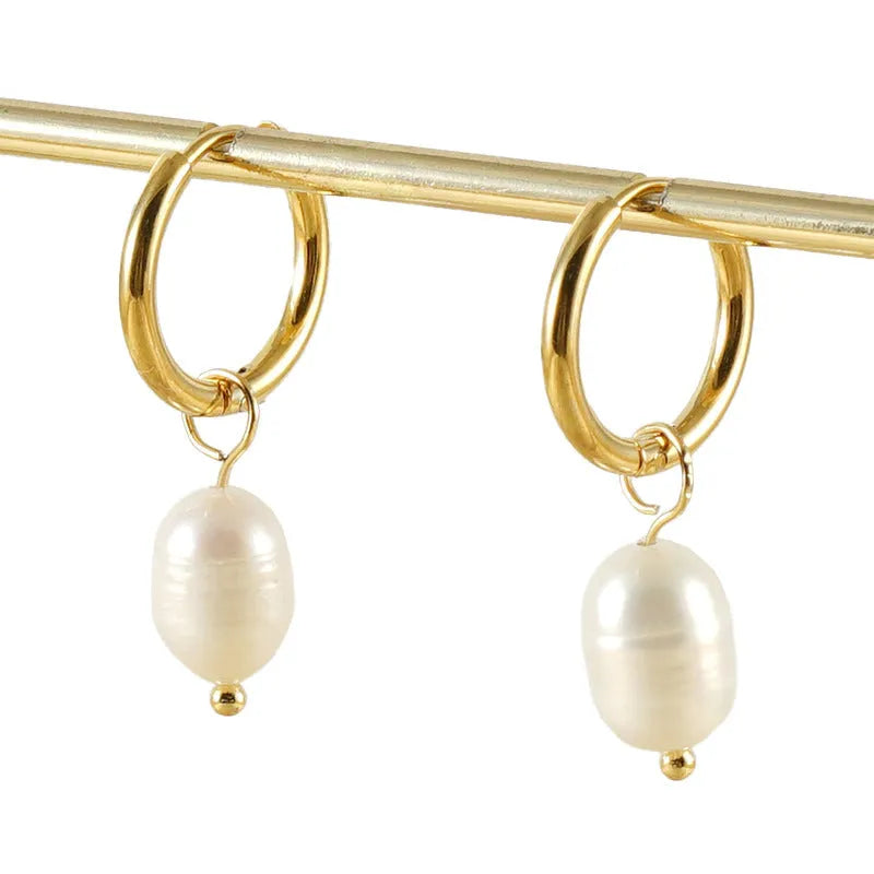 Gold geometric women's earrings with synthetic pearl centre and titanium steel electroplated finish
