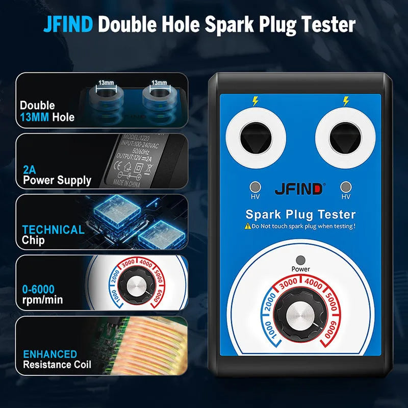 Car fault detector with double hole plug connection for spark plug testing