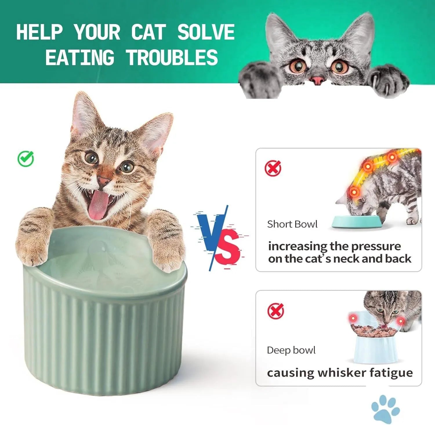 Ceramic raised cat bowl in light green colour showing its elevated, tilted round shape.