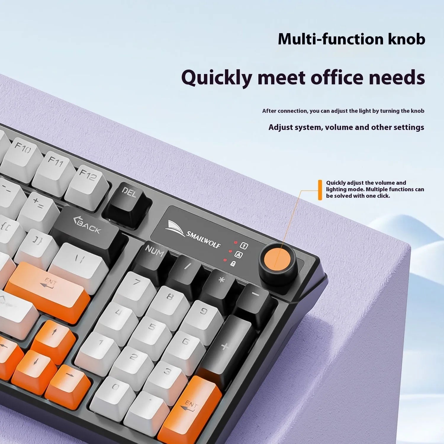 SK15 wired mechanical keyboard with USB cable in sunset orange, autumn water blue, or black colour options